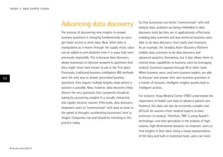 Advancing data discovery
The process of discovering new insights to answer
business questions is changing fundamentally as users
get faster access to more data. Now, when data is
manipulated as it moves through the supply chain, value
can be added to and obtained from it in ways that were
previously impossible. This is because data discovery
allows businesses to discover answers to questions that
they might never have known to ask in the first place.
Previously, traditional business intelligence (BI) methods
were the only way to answer prescribed business
questions; they require multiple lengthy steps before a
solution is possible. Now, however, data discovery helps
discern the very questions that companies should be
asking by uncovering insights in a visually interactive
and rapidly iterative manner. Effectively, data discovery
empowers users to “communicate” with data at close to
the speed of thought—accelerating businesses’ time to
insight. Companies can and should be investing in this
practice today.
So that businesses can better “communicate” with and
analyze data, analytics are being embedded in data
discovery tools (as they are in applications)—effectively
enabling data scientists and less-technical business users
alike to do data discovery more easily and intuitively.
As an example, the Teradata Aster Discovery Platform
enables data scientists to do data discovery and
advanced analytics themselves, but it also allows them to
extend those capabilities to business users by leveraging
analytic functions exposed through BI or other tools.
When business users, and even business leaders, are able
to discover and answer their own business questions in
a matter of minutes, intelligent insights quickly lead to
intelligent actions.
For instance, Texas Medical Center (TMC) understands the
importance of health care data to advance patient care.
However, this data can also be extremely complex and
difficult for anyone—from medical experts to data
scientists—to analyze. Therefore, TMC is using Ayasdi’s
technology—one that specializes in the analysis of high-
volume, high-dimensional datasets—to empower users to
find insights in their data. Using a visual representation
of the data and built-in statistical tools, users can more
#techvision2014
50
TREND 3: DATA SUPPLY CHAIN
 
