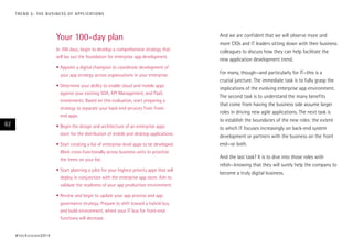 And we are confident that we will observe more and
more CIOs and IT leaders sitting down with their business
colleagues to discuss how they can help facilitate the
new application development trend.
For many, though—and particularly for IT—this is a
crucial juncture. The immediate task is to fully grasp the
implications of the evolving enterprise app environment.
The second task is to understand the many benefits
that come from having the business side assume larger
roles in driving new agile applications. The next task is
to establish the boundaries of the new roles: the extent
to which IT focuses increasingly on back-end system
development or partners with the business on the front
end—or both.
And the last task? It is to dive into those roles with
relish—knowing that they will surely help the company to
become a truly digital business.
Your 100-day plan
In 100 days, begin to develop a comprehensive strategy that
will lay out the foundation for enterprise app development.
•	Appoint a digital champion to coordinate development of
your app strategy across organizations in your enterprise.
•	Determine your ability to enable cloud and mobile apps
against your existing SOA, API Management, and PaaS
investments. Based on this evaluation, start preparing a
strategy to separate your back-end services from front-
end apps.
•	Begin the design and architecture of an enterprise apps
store for the distribution of mobile and desktop applications.
•	Start creating a list of enterprise-level apps to be developed.
Work cross-functionally across business units to prioritize
the items on your list.
•	Start planning a pilot for your highest priority apps that will
deploy in conjunction with the enterprise app store. Aim to
validate the readiness of your app production environment.
•	Review and begin to update your app process and app
governance strategy. Prepare to shift toward a hybrid buy
and build environment, where your IT buy for front-end
functions will decrease.
#techvision2014
82
TREND 5: THE BUSINESS OF APPLICATIONS
 