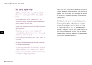 they can be used to even greater advantage in building
resilient operations and infrastructure. Even some of the
hackers’ most useful tools, such as Shodan, can be used
by the security community as tools to actively defend
infrastructure.
The CIOs who truly get the concept of resilience have
begun transitioning their organizations to an always-
on state. Knowing that it is neither simple nor cheap
to provide real resilience, they are taking a pragmatic
approach, phasing in resilience over time as business risk
and process economics dictate. And some are already
thinking ahead to the time when their entire business is
digital, cloud-based and always on.
This time next year
In 365 days, be ready to embark on projects that will build
resilience and reduce the operational risks of your digital
business.
•	During the budgeting process, look for security- and
infrastructure-related investments that maximize business
process resilience per dollar spent.
•	Publish a plan to transition IT operations to a DevOps-based
agile organization.
•	Mitigate business downtime risks by aiming to shift
compute loads to public cloud infrastructure—either during
peak times or while under attack.
•	Consider piloting automated root-cause analysis tools in the
data center.
•	Use results from game day exercises to create a prioritized
list for operational upgrades.
•	Test your system against agile software outputs. Verify that
deploying faulty code leads to safe environment fallbacks.
•	Create a security road map to build advanced detection and
external-threat intelligence capabilities.
#techvision2014
96
TREND 6: ARCHITECTING RESILIENCE
 