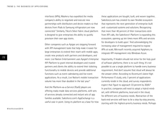 T R E N D 5 : T H E B U S I N E S S O F A P P L I CAT I O N S

interfaces (APIs), Mashery has expedited the media
company’s ability to negotiate and execute new
partnerships with distributors and device makers so that
devices from iPads to Samsung refrigerators are now
connected.5 Similarly, Tibco’s Silver Fabric cloud platform
is designed to give enterprises the ability to quickly
provision their own app stores.
Other companies such as Apigee are stepping forward
with API management tools that help make it easier for
large enterprises to extend their reach with mobile apps,
create new products with partners and developers, and
more. Live Nation Entertainment uses Apigee’s Enterprise
API Platform to grant internal developers and trusted
partners and clients the ability to extend their ticketing
functionality to mobile devices and provide additional
functions such as event calendaring and live event
applications. As a result, Live Nation’s mobile transaction
volume has more than doubled in the last year.6

78

And the Platform-as-a-Service (PaaS) players are
offering ready-made data services platforms, with sets
of services already connected and instant sets of app
families available. Salesforce.com’s AppExchange is a
useful case in point. Using its platform as a base for how
# t e c h v i s i o n 2 01 4

these applications are bought, built, and woven together,
Salesforce.com has created its own flexible ecosystem
that represents the next generation of enterprise-built
and -customized systems and solutions. Recognizing
that more than 40 percent of their transactions stem
from API calls, the Salesforce1 Platform is expanding this
ecosystem, opening up ten times more APIs and services
for developers to build upon.7 And acknowledging the
increasing value of management required to expose
APIs at scale, Microsoft recently acquired Apiphany to
integrate API management into Windows Azure.
Importantly, IT leaders should not strive for the holy grail
of software platforms; there is no such thing. It’s not
possible to use a single platform to handle every business
requirement. And don’t assume that cloud will always be
the answer either. According to Accenture’s latest High
Performance IT study, only 7 percent of applications
currently reside in the cloud, and survey respondents
expect that figure to approach 33 percent by 2020.8
In practice, companies will need to adopt a hybrid mindset, with different platforms, local and in the cloud,
for different sets of business needs. Abstraction of the
back-end services will have to be a step-by-step process,
starting with the highest-priority business needs. Perhaps

 