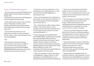 Trend 5: Workforce Reimagined
1
“Natural Language Processing (NLP) Market worth
$9,858.4 Million by 2018,” Markets and Markets,
October 2013.
http://www.marketsandmarkets.com/PressReleases/
natural-language-processing-nlp.asp.
2
“Baidu Builds Largest Computer Brain for Online
Queries,” Bloomberg, September 4, 2014.
http://www.bloomberg.com/news/2014-09-04/
baidu-builds-largest-computer-brain-for-online-
queries.html.
3
“Gartner Reveals Top Predictions for IT
Organizations and Users for 2015 and Beyond,”
Gartner, October 7, 2014. http://www.gartner.com/
newsroom/id/2866617.
4
Ibid.
5
“Mercedes-Benz’s Autonomous Driving
Features Dominate the Industry—and Will for
Years,” Automotive News, August 4, 2014.
http://www.autonews.com/article/20140804/
OEM06/308049979/mercedes-benzs-autonomous-
driving-features-dominate-the-industry.
6
“Using Cameras and Fancy Algorithms to Track
Spinning Space Junk,’ Wired, September 11, 2014.
http://www.wired.com/2014/09/algorithm-
spinning-space-junk/.
7
“How an LA Times Reporter Got an Algorithm to
Write Articles for Him,” Business Insider, March 17,
2014. http://www.businessinsider.com/quakebot-
robot-la-times-2014-3.
8
“Rise of Robot Reporters: When Software Writes
the News,” New Scientist, March 21, 2014.
http://www.newscientist.com/article/dn25273-rise-
of-robot-reporters-when-software-writes-the-
news.html#.VHuaEzHF_1Y.
9
“Natural Language Processing (NLP) Market
worth $9,858.4 Million by 2018,” Natural Language
Processing (NLP) Market [IVR, OCR, Pattern
Recognition, Auto Coding, Text Analytics, Speech
Analytics, Machine Translation, Information
Extraction, Question Answer, Report Generation]—
Worldwide Market Forecast & Analysis (2013–2018),”
MarketsandMarkets, October 2013.
http://www.marketsandmarkets.com/PressReleases/
natural-language-processing-nlp.asp.
10
“More AI for developers as Expect Labs releases
the MindMeld API,” Gigaom, February 19, 2014.
https://gigaom.com/2014/02/19/more-ai-for-
developers-as-expect-labs-releases-the-mindmeld-api/.
11
“Accenture Life Safety Solution Named New
Product of the Year,” Accenture press release,
October 23, 2012. http://newsroom.accenture.com/
news/accenture-life-safety-solution-named-new-
product-of-the-year.htm.
12
“New Technology from Seeing Machines Offered
in Caterpillar Mining Trucks to Combat Driver
Fatigue,” M2M Evolution, May 29, 2013.
http://www.m2mevolution.com/topics/m2mevolution/
articles/339753-new-technology-from-seeing-
machines-offered-caterpillar-mining.htm.
13
“Accenture and Philips Collaborate on Google
Glass Proof-of-Concept in the Medical Equipment
Technology Industry,” Accenture, October 3, 2013.
http://www.accenture.com/us-en/Pages/service-
google-glass-medical-equipment-technology-
industry.aspx.
14
“Google Glass Helped to Enhance the Way that a
Surgeon Can Perform Various Procedures,” Mobile
Commerce Press, February 21, 2014.
http://www.mobilecommercepress.com/
augmented-reality-wearable-technology-assists-
cancer-surgery/8510991/.
15
“Navy’s Exoskeleton Could Make Workers 20
Times More Productive,” Wired, September 10, 2014.
http://www.wired.com/2014/09/navys-exoskeleton-
could-make-workers-20-times-more-productive/.
#techvision2015
116 NOTES
 