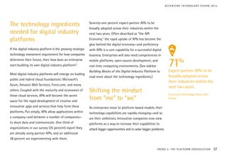 The technology ingredients
needed for digital industry
platforms
If the digital industry platform is the pressing strategic
technology investment requirement for how companies
determine their future, then how does an enterprise
start building its own digital industry platform?
Most digital industry platforms will emerge on leading
public and hybrid cloud foundations: Microsoft’s
Azure, Amazon Web Services, Force.com, and many
others. Coupled with the maturity and economics of
these cloud services, APIs will become the secret
sauce for the rapid development of creative and
innovative apps and services that help form these
platforms. Put simply, APIs allow applications within
a company—and between a number of companies—
to share data and communicate. One-third of
organizations in our survey (35 percent) report they
are already using partner APIs, and an additional
38 percent are experimenting with them.
Seventy-one percent expect partner APIs to be
broadly adopted across their industries within the
next two years. Often described as “the API
Economy,” the rapid uptake of APIs has become the
glue behind the digital economy—and proficiency
with APIs is a core capability for a successful digital
business. Enterprises will also need competencies in
mobile platforms, open-source development, and
real-time computing environments. [See sidebar
Building Blocks of the Digital Industry Platform to
read more about the technology ingredients.]
Shifting the mindset
from “me” to “we”
As enterprises move to platform-based models, their
technology capabilities are rapidly changing—and so
are their ambitions. Innovative companies now view
platforms as a way to increase their capabilities to
attack bigger opportunities and to solve bigger problems.
71%
Expect partner APIs to be
broadly adopted across
their industries within the
next two years.
Accenture Technology Vision 2015
Survey
TREND 3: THE PLATFORM (R)EVOLUTION 57
ACCENTURE TECHNOLOGY VISION 2015
 