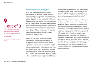 Human and machine, side by side
As the field of robotics continues to advance,
more machines are becoming capable of not just
communicating and augmenting human employees,
but also physically working side by side with them.
Many enterprises have learned that, while machines
excel at precision, scale, and consistency, humans are
better suited for creativity, contextual understanding,
and complex communications. Now, companies can
have a division of labor that caters to the strengths
of each—and appropriately distributes tasks to
maximize the impact of both.
Already, there are many compelling examples
of humans and machines working together to
boost process productivity. Close to one-third of
organizations in our survey are considering robotics
to automate business and industrial processes. In an
auto manufacturing trial, a human-robot team was
able to assemble the frame of a car 10 times faster
than a team of three professionals. How? For simple
welds, a robot with a video projector would show a
human where to place a specific part; then the robot
would make perfect welds in five seconds per weld.
For more difficult welds, however, the robot would
defer to its human partner to perform better.16
By specializing tasks, process improvements are just
the beginning of how enterprises will improve their
workforce. Machine learning means managers can
now entrust robots with whole workflows, not just
simple tasks. Amazon’s Kiva robots, working alongside
warehouse employees, not only improve operational
efficiency as they retrieve items, but also enable
dynamic warehouse operations. These robots can
reduce the average time it takes to grab an item from
a shelf to 15 minutes, down from an hour and a half,
and their dynamic and adaptive algorithms suggest
inventory sorting.17
For example, they know that
certain seldom-ordered products are better stored in
a more remote area.
1 out of 3Are considering using
robotics to automate
business and industrial
processes.
Accenture Technology Vision 2015
Survey
#techvision2015
96 TREND 5: WORKFORCE REIMAGINED
 