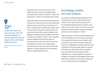 By opting to focus on specific elements of the
experience (data, analytics, and insights), Nike is
better positioned to become a partner in, rather than
competing for a share of, the wearable device market.
Delivering a billion or more personalized experiences
every day is no small feat, yet this is what tomorrow’s
platforms will be required to do in the Internet of
Me. As businesses start to identify their niches in this
new environment, they will do well to shortlist the
partners with which they can best collaborate and
aggregate mindshare. By offering APIs and data that
are open and accessible to others in their ecosystems,
constituent players will acquire the power of
businesses that are many times their size. Seventy-
two percent of executives we surveyed expect
that within the next two years, they will see broad
adoption of industry platforms that will integrate
data with digital business partners.
Technology enables,
but trust endures
As businesses create personalized experiences, they
necessarily receive troves of personal data about
consumers, their habits, and their preferences. To
be comfortable sharing their data, consumers must
have trust in the other party. This trust acts as a bond
between the business and the consumer, and allows
product and service adoption to flourish.
However, consumers are likely to seek alternatives and
exit a relationship when trust is broken, particularly
if that broken trust leads to adverse impacts in the
real world. A recent Accenture survey reveals that
67 percent of individuals are willing to share data with
companies, but that percentage drops to 27 percent
if the business is sharing data with a third party.23
Since data collection and sharing have direct
implications on a company’s ability to compete for
mindshare in the Internet of Me, digital businesses must
improve their competency within three components
of trust: security, privacy, and transparency.
72%
Expect that within the
next two years, they will
see broad adoption of
industry platforms that will
integrate data with digital
business partners.
Accenture Technology Vision 2015
Survey
#techvision2015
28 TREND 1: THE INTERNET OF ME
 