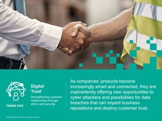 As companies’ products become
increasingly smart and connected, they are
inadvertently offering new opportunities to
cyber attackers and possibilities for data
breaches that can imperil business
reputations and destroy customer trust.
Digital
Trust
Strengthening customer
relationships through
ethics and security
TREND FIVE
Copyright © 2016 Accenture All rights reserved.
 