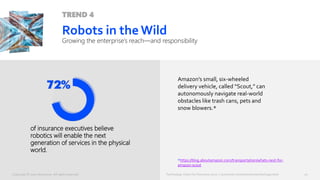 Technology Vision for Insurance 2020 | accenture.com/insurancetechnologyvision
TREND 4
Amazon’s small, six-wheeled
delivery vehicle, called “Scout,” can
autonomously navigate real-world
obstacles like trash cans, pets and
snow blowers.*
20
of insurance executives believe
robotics will enable the next
generation of services in the physical
world.
Robots in the Wild
Growing the enterprise’s reach—and responsibility
*https://blog.aboutamazon.com/transportation/whats-next-for-
amazon-scout
Technology Vision for Insurance 2020 | accenture.com/insurancetechnologyvisionCopyright © 2020 Accenture. All rights reserved.
 