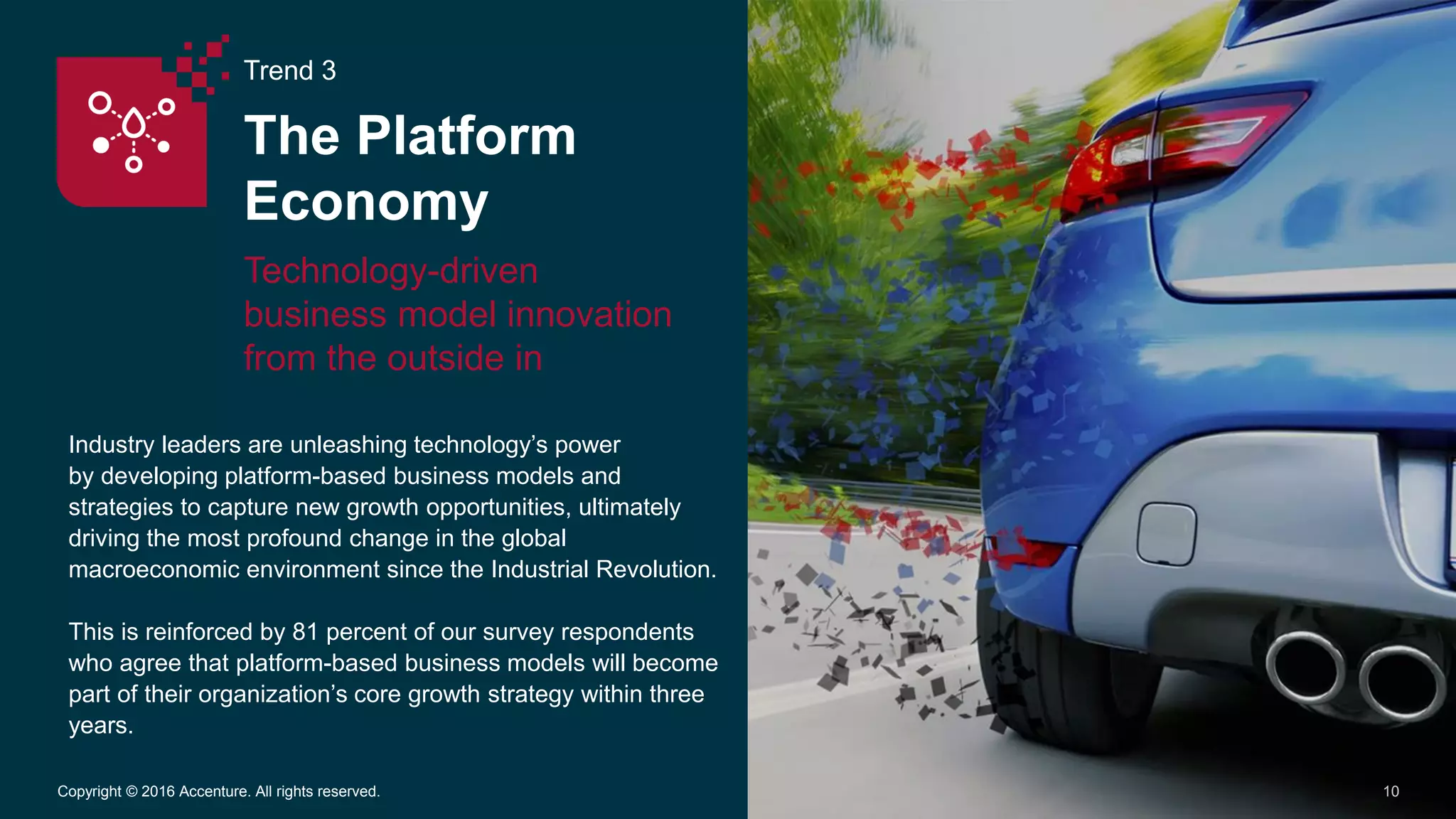 Trend 3
The Platform
Economy
Technology-driven
business model innovation
from the outside in
10Copyright © 2016 Accenture. All rights reserved.
Industry leaders are unleashing technology’s power
by developing platform-based business models and
strategies to capture new growth opportunities, ultimately
driving the most profound change in the global
macroeconomic environment since the Industrial Revolution.
This is reinforced by 81 percent of our survey respondents
who agree that platform-based business models will become
part of their organization’s core growth strategy within three
years.
 