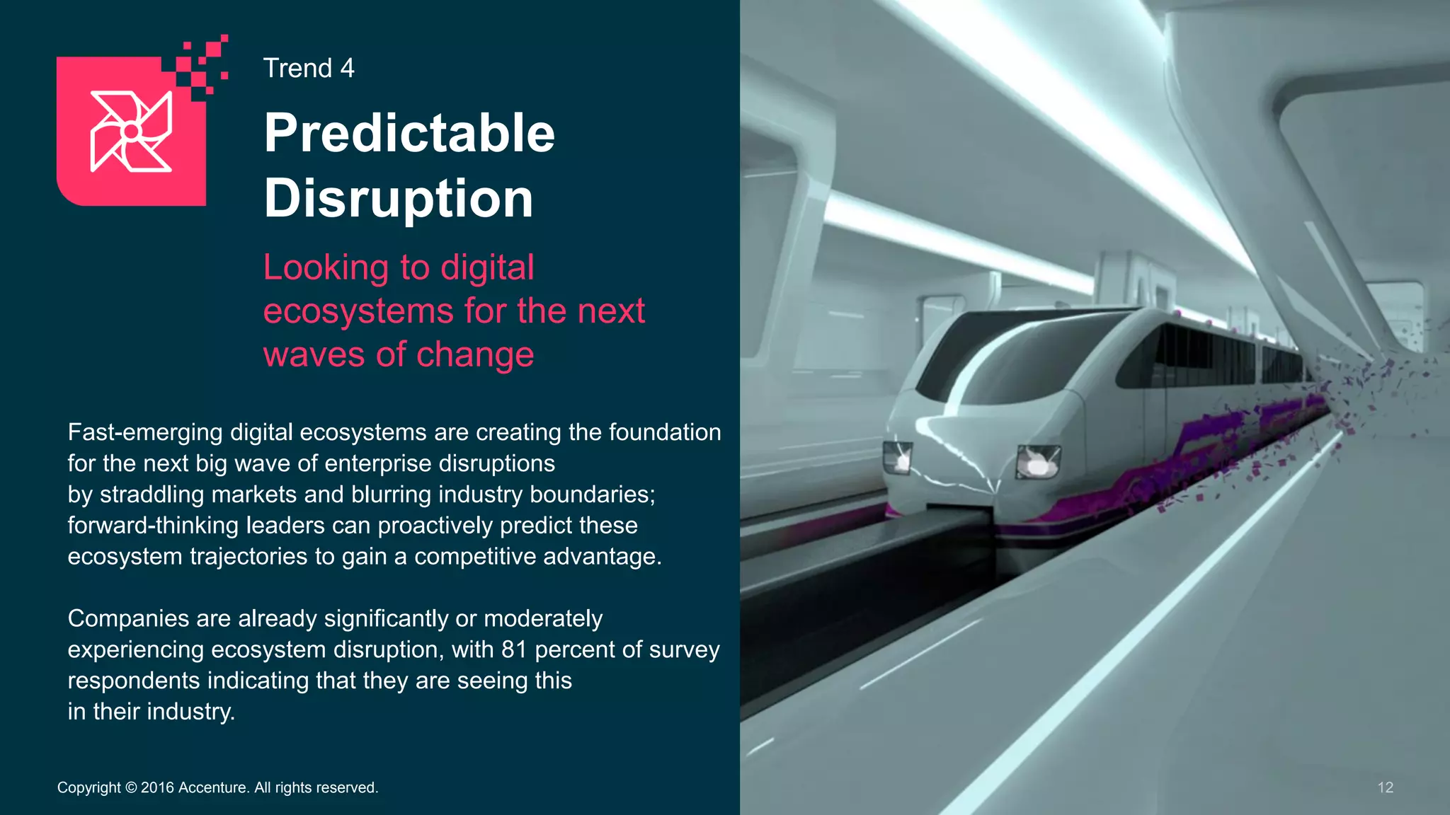 Trend 4
Predictable
Disruption
Looking to digital
ecosystems for the next
waves of change
12Copyright © 2016 Accenture. All rights reserved.
Fast-emerging digital ecosystems are creating the foundation
for the next big wave of enterprise disruptions
by straddling markets and blurring industry boundaries;
forward-thinking leaders can proactively predict these
ecosystem trajectories to gain a competitive advantage.
Companies are already significantly or moderately
experiencing ecosystem disruption, with 81 percent of survey
respondents indicating that they are seeing this
in their industry.
 