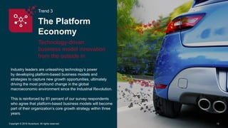 Trend 3
The Platform
Economy
Technology-driven
business model innovation
from the outside in
10Copyright © 2016 Accenture. All rights reserved.
Industry leaders are unleashing technology’s power
by developing platform-based business models and
strategies to capture new growth opportunities, ultimately
driving the most profound change in the global
macroeconomic environment since the Industrial Revolution.
This is reinforced by 81 percent of our survey respondents
who agree that platform-based business models will become
part of their organization’s core growth strategy within three
years.
 