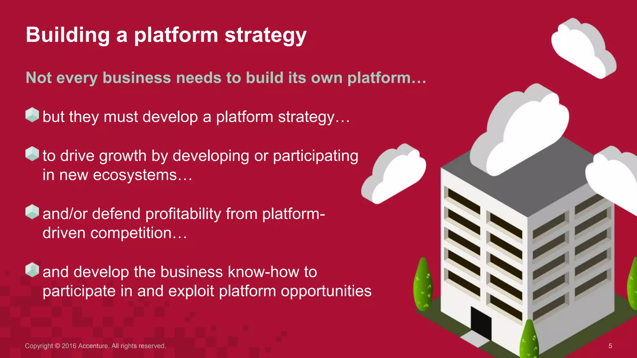 Building a platform strategy
5Copyright © 2016 Accenture. All rights reserved.
Not every business needs to build its own platform…
but they must develop a platform strategy…
to drive growth by developing or participating
in new ecosystems…
and/or defend profitability from platform-
driven competition…
and develop the business know-how to
participate in and exploit platform opportunities
 