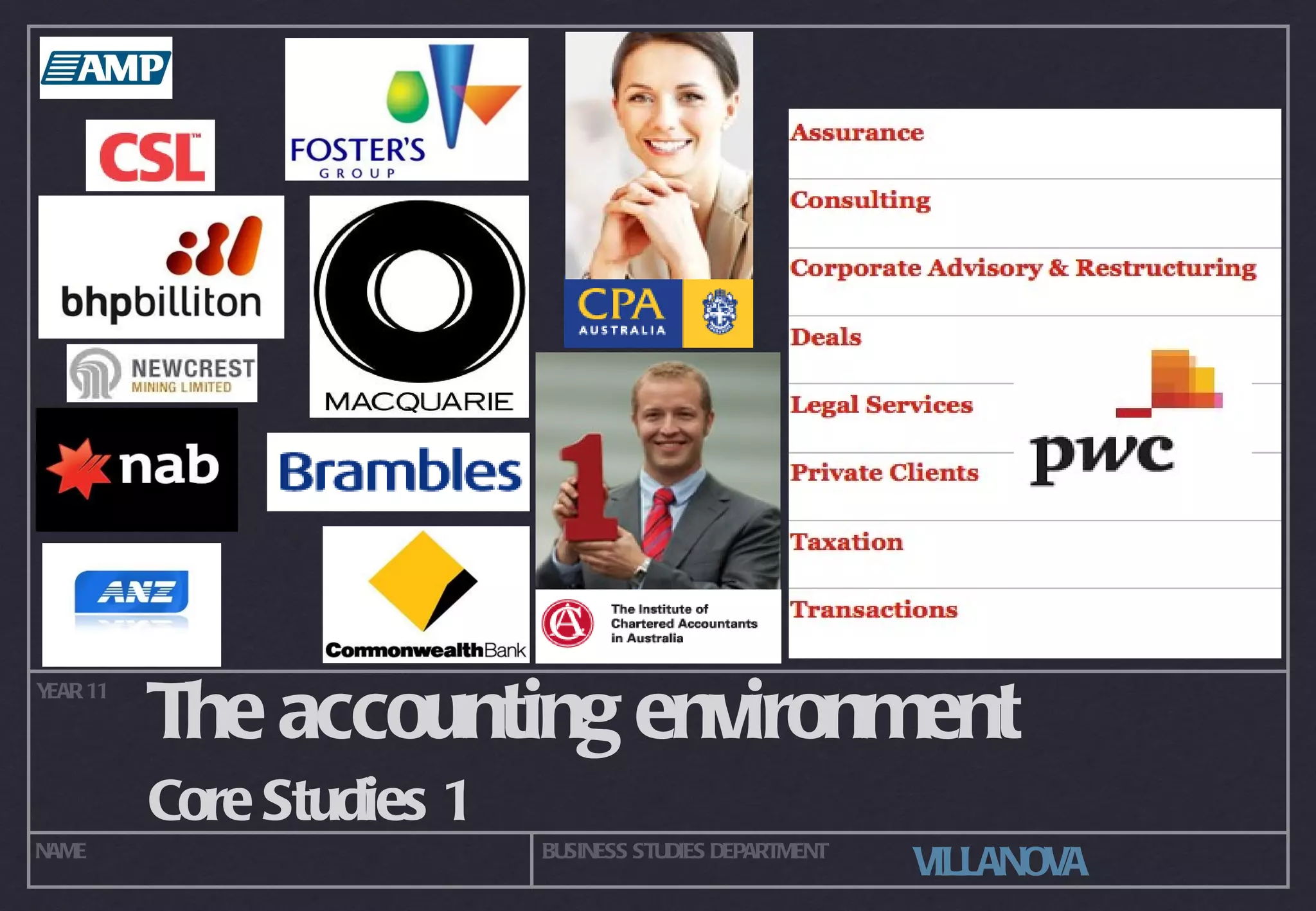 The accounting environment Core Studies 1 YEAR 11 NAME BUSINESS STUDIES DEPARTMENT VILLANOVA 