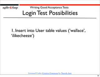 Writing Good Acceptance Tests

      Login Test Possibilities

1. Insert into User table values (’wallace’,
‘ilikecheeze’)




          Licensed Under Creative Commons by Naresh Jain
                                                           55
 