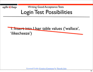 Writing Good Acceptance Tests

      Login Test Possibilities

1. Insert into User table values (’wallace’,
‘ilikecheeze’)




          Licensed Under Creative Commons by Naresh Jain
                                                           55
 