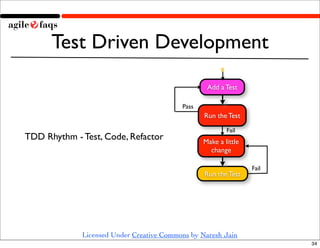 Test Driven Development
                                                  Add a Test

                                          Pass
                                                 Run the Test
                                                         Fail
TDD Rhythm - Test, Code, Refactor                Make a little
                                                   change

                                                                 Fail
                                                 Run the Test




             Licensed Under Creative Commons by Naresh Jain
                                                                        34
 