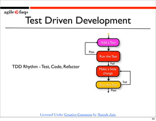 Test Driven Development
                                                  Add a Test

                                          Pass
                                                 Run the Test
                                                         Fail
TDD Rhythm - Test, Code, Refactor                Make a little
                                                   change

                                                                 Fail
                                                 Run the Test
                                                         Pass




             Licensed Under Creative Commons by Naresh Jain
                                                                        34
 