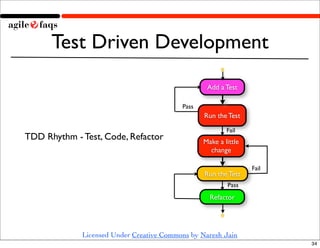 Test Driven Development
                                                  Add a Test

                                          Pass
                                                 Run the Test
                                                         Fail
TDD Rhythm - Test, Code, Refactor                Make a little
                                                   change

                                                                 Fail
                                                 Run the Test
                                                         Pass
                                                   Refactor




             Licensed Under Creative Commons by Naresh Jain
                                                                        34
 