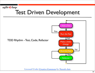 Test Driven Development
                                                  Add a Test

                                          Pass
                                                 Run the Test
                                                         Fail
TDD Rhythm - Test, Code, Refactor                Make a little
                                                   change

                                                                 Fail
                                                 Run the Test
                                                         Pass
                                                   Refactor




             Licensed Under Creative Commons by Naresh Jain
                                                                        34
 