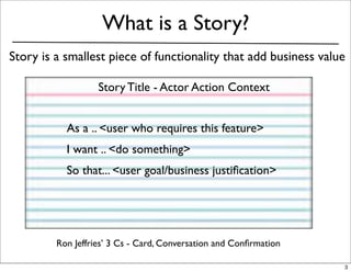 What is a Story?
Story is a smallest piece of functionality that add business value

                   Story Title - Actor Action Context


           As a .. <user who requires this feature>
           I want .. <do something>
           So that... <user goal/business justiﬁcation>




         Ron Jeffries’ 3 Cs - Card, Conversation and Conﬁrmation

                                                                   3
 