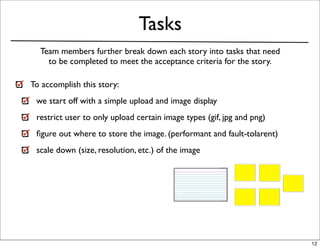 Tasks
  Team members further break down each story into tasks that need
    to be completed to meet the acceptance criteri...