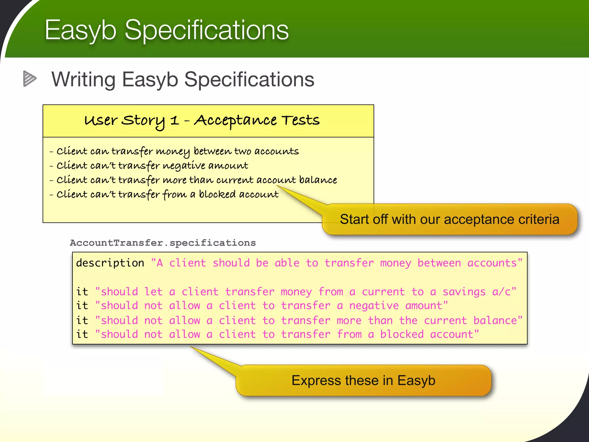 Easyb Speciﬁcations
Writing Easyb Speciﬁcations
      User Story 1 - Acceptance Tests
- Client can transfer money between two accounts
- Client can’t transfer negative amount
- Client can’t transfer more than current account balance
- Client can’t transfer from a blocked account

                                                            Start off with our acceptance criteria
    AccountTransfer.specifications

     description "A client should be able to transfer money between accounts"

     it   "should   let   a client transfer   money from a current to a savings a/c"
     it   "should   not   allow a client to   transfer a negative amount"
     it   "should   not   allow a client to   transfer more than the current balance"
     it   "should   not   allow a client to   transfer from a blocked account"



                                               Express these in Easyb
 