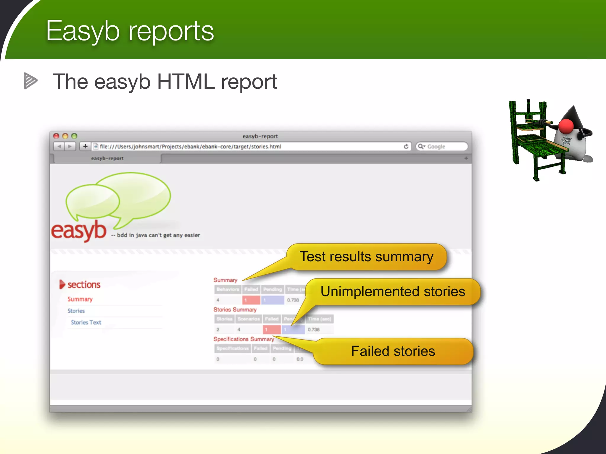 Easyb reports
The easyb HTML report




                        Test results summary

                           Unimplemented stories



                               Failed stories
 