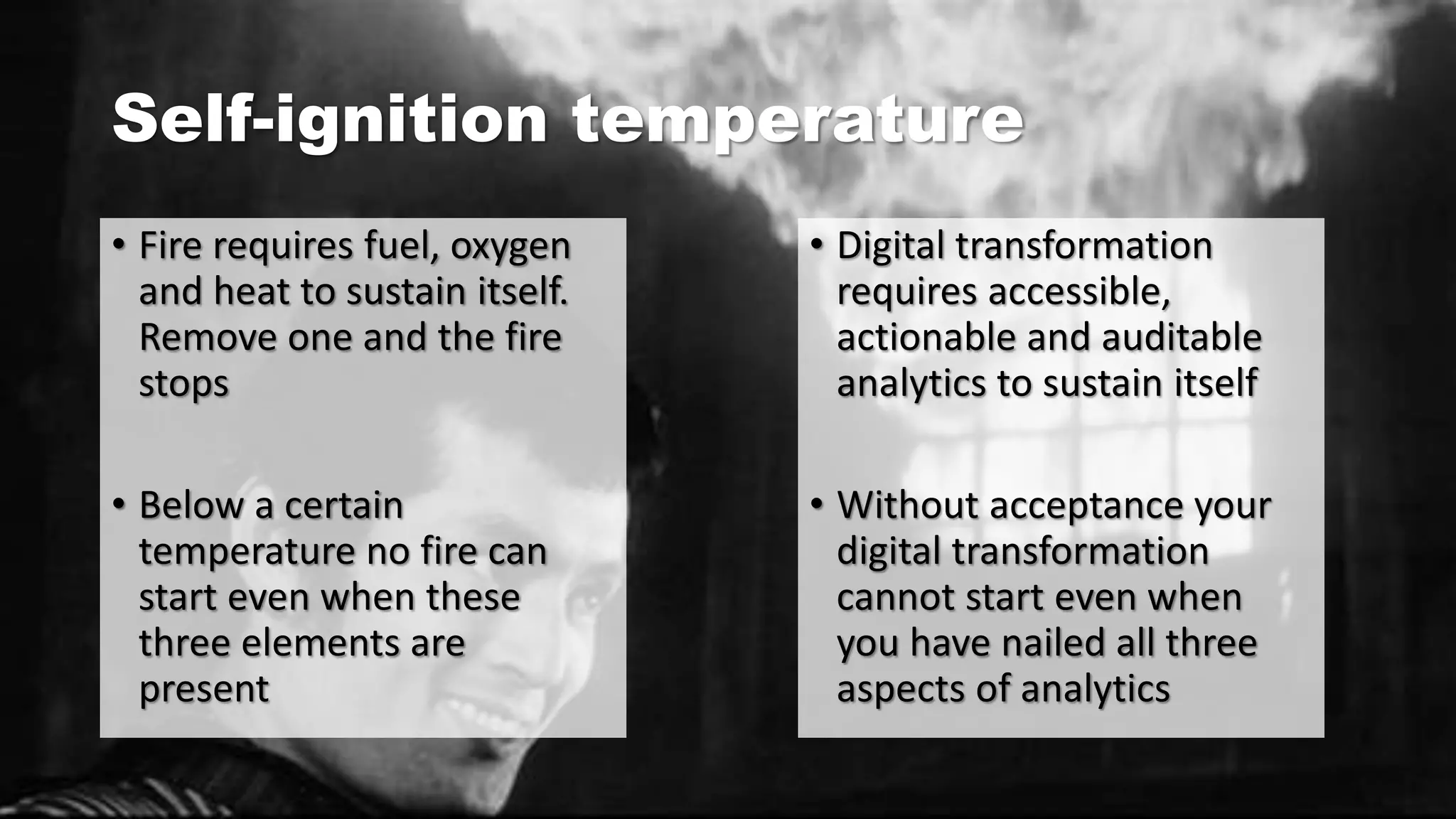 Self-ignition temperature
• Fire requires fuel, oxygen
and heat to sustain itself.
Remove one and the fire
stops
• Below a certain
temperature no fire can
start even when these
three elements are
present
• Digital transformation
requires accessible,
actionable and auditable
analytics to sustain itself
• Without acceptance your
digital transformation
cannot start even when
you have nailed all three
aspects of analytics
 