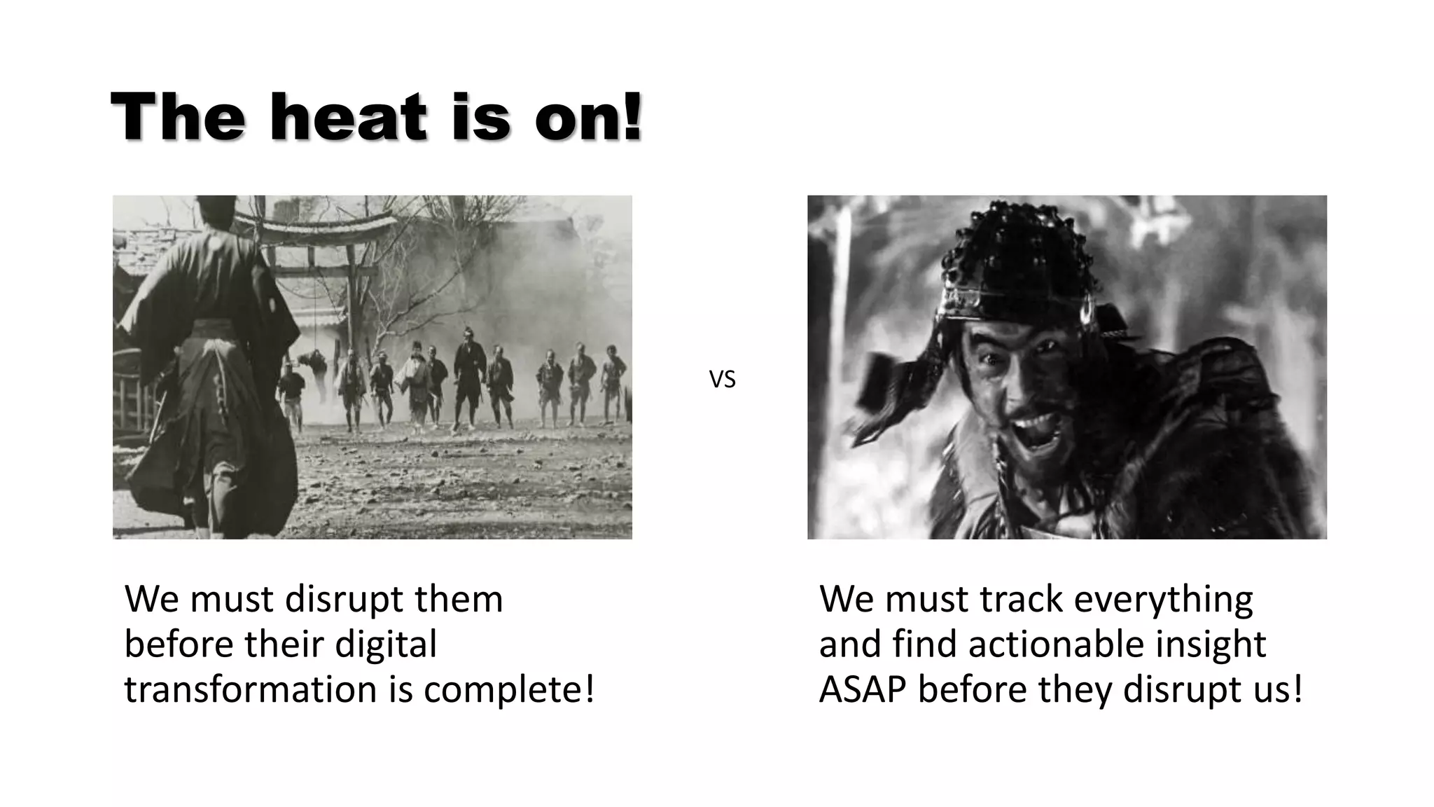 We must disrupt them
before their digital
transformation is complete!
We must track everything
and find actionable insight
ASAP before they disrupt us!
The heat is on!
VS
 
