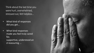 Thinkaboutthe lasttime you
were hurt,overwhelmed,
stressedout,felthelpless...
• What kind of responses
did you get...
• What kind responses
made you feel truly cared
for,
supportive, understood an
d reassuring ...
 