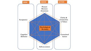 Present
Moment
Awareness
Psychological
flexibility
Self-as-context
Clarity &
Connection
to Values
Committed
Action
Acceptance
Cognitive
Defusion
OPEN AWARE ACTION
 
