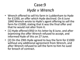 Case:9
                  Hyde v Wrench
• Wrench offered to sell his farm in Luddenham to Hyde
  for £1200, an offer which Hyde declined. On 6 June
  1840 Wrench wrote to Hyde's agent offering to sell the
  farm for £1000, stating that it was the final offer and
  that he would not alter from it.
• [1] Hyde offered £950 in his letter by 8 June, and after
  examining the offer Wrench refused to accept, and
  informed Hyde of this on 27 June.
• [2] On the 29th Hyde agreed to buy the farm for £1000
  without any additional agreement from Wrench, and
  after Wrench refused to sell the farm to him he sued
  for breach of contract.
 