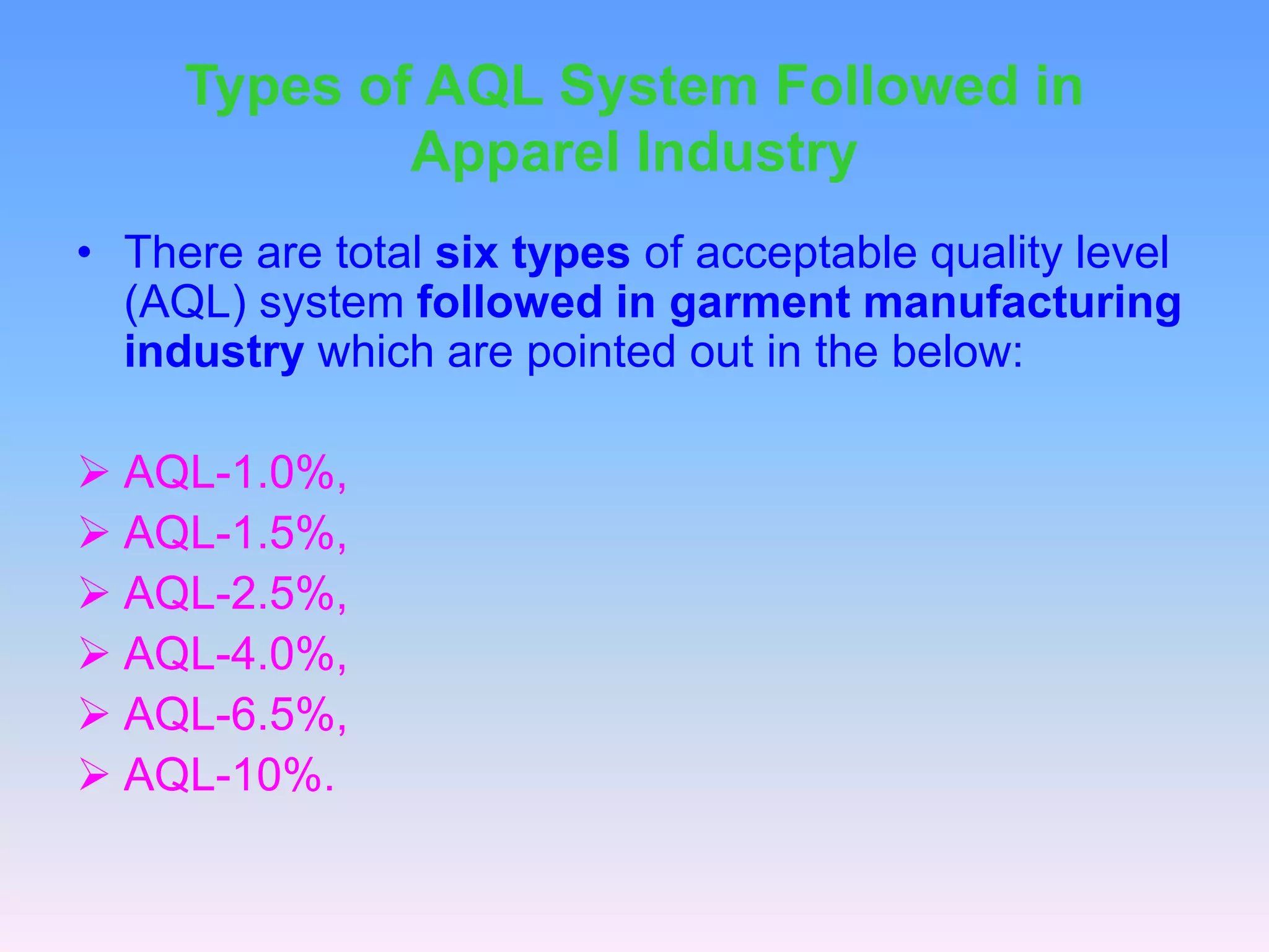 Types of AQL System Followed in
Apparel Industry
• There are total six types of acceptable quality level
(AQL) system followed in garment manufacturing
industry which are pointed out in the below:
AQL-1.0%,
AQL-1.5%,
AQL-2.5%,
AQL-4.0%,
AQL-6.5%,
AQL-10%.