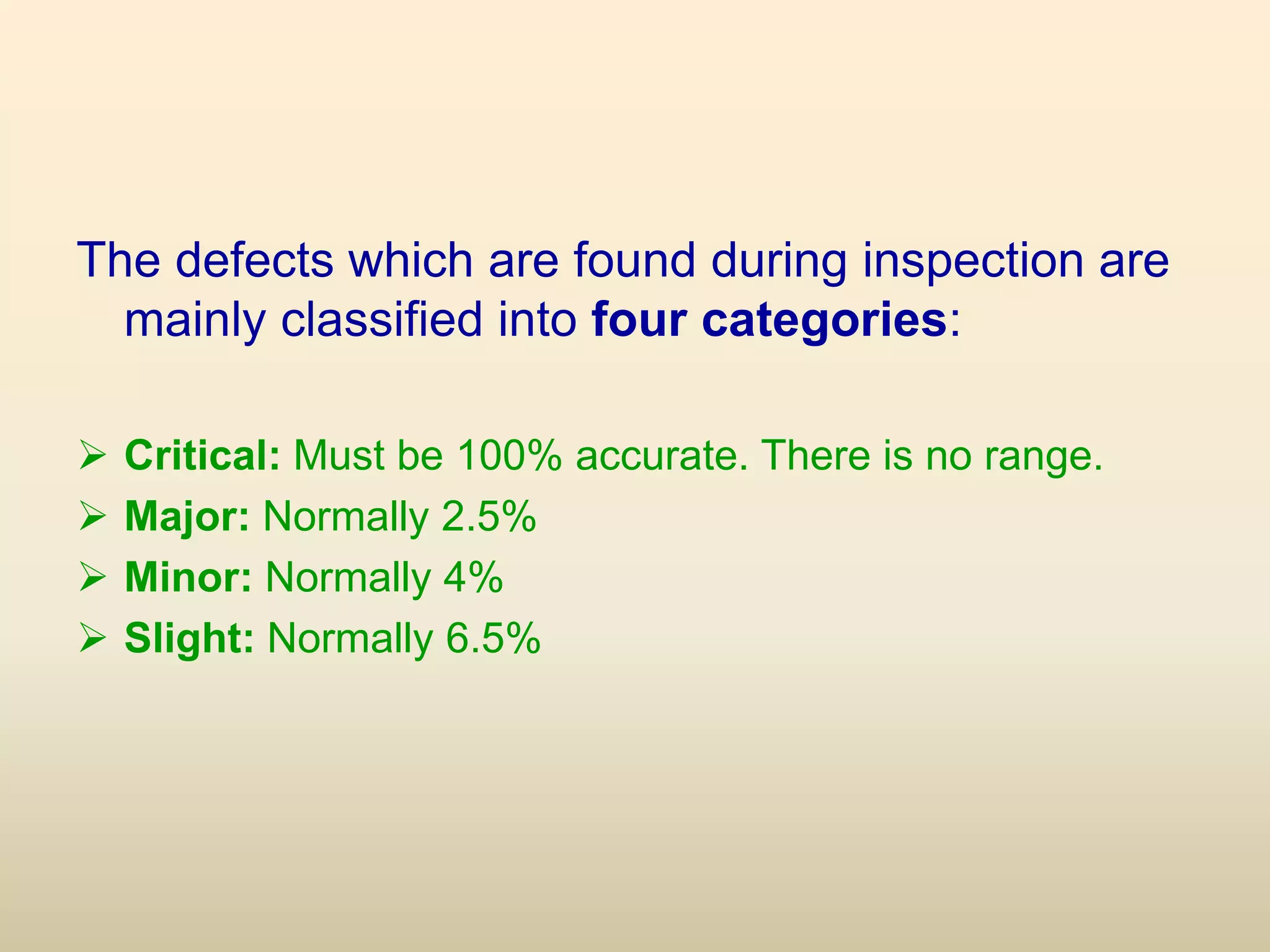 The defects which are found during inspection are
mainly classified into four categories:
Critical: Must be 100% accurate. There is no range.
Major: Normally 2.5%
Minor: Normally 4%
Slight: Normally 6.5%