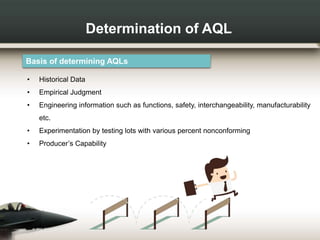 Determination of AQL
Basis of determining AQLs
• Historical Data
• Empirical Judgment
• Engineering information such as functions, safety, interchangeability, manufacturability
etc.
• Experimentation by testing lots with various percent nonconforming
• Producer’s Capability
 