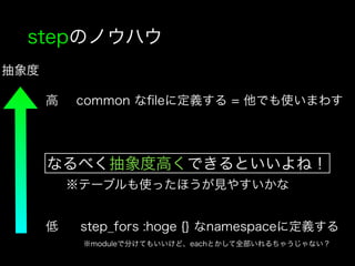 stepのノウハウ
抽象度
低
高 common なﬁleに定義する = 他でも使いまわす
step_fors :hoge {} なnamespaceに定義する
※moduleで分けてもいいけど、eachとかして全部いれるちゃうじゃない？
なるべく抽象度高くできるといいよね！
※テーブルも使ったほうが見やすいかな
 