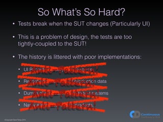 (C)opyright Dave Farley 2015
So What’s So Hard?
• Tests break when the SUT changes (Particularly UI)
• This is a problem o...