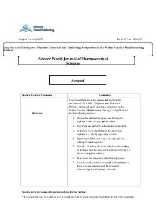 Graphene and Derivates : Physico- Chemical and Toxicology Properties in the M Rna Vaccine Manifacturing
Strategy
Science World Journal of Pharmaceutical
Sciences
Accepted
Assigned Date: 09/08/22 Received Date: 18/08/22
Specific Reviewer Comments Comments
Reviewer
I have read throughout the manuscript and I highly
recommend the article " Graphene and Derivates :
Physico- Chemical and Toxicology Properties in the
MRna Vaccine Manifacturing Strategy” for publication
for the following reasons:
1. Here in the abstract the points are thoroughly
explained with the appropriate points.
2. Keywords are perfectly suited in the manuscript.
3. In the Materials and Methods the author has
explained briefly by appropriate points.
4. Figures and Tables are clear and portrayed well
with appropriate legends.
5. Overall, the author has an in - depth understanding
of the topic and the conclusion is drawn well with a
better appropriate analysis.
6. References are adequately cited through paper.
7. I exceptionally endorse this work and furthermore
there is no amendment in it. benevolently
acknowledge it to distribute this work.
Specific reviewer comments and suggestions for the Author:
*These comments may be in addition to or in compliance with reviewer comments inserted into the text of the manuscript.
 