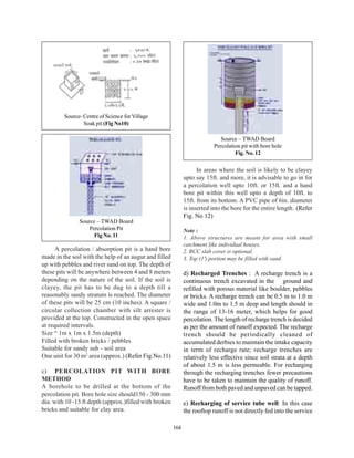 Source- Centre of Science for Village
                 Soak pit (Fig No10)

                                                                              Source – TWAD Board
                                                                           Percolation pit with bore hole
                                                                                    Fig. No. 12

                                                                    In areas where the soil is likely to be clayey
                                                              upto say 15ft. and more, it is advisable to go in for
                                                              a percolation well upto 10ft. or 15ft. and a hand
                                                              bore pit within this well upto a depth of 10ft. to
                                                              15ft. from its bottom. A PVC pipe of 6in. diameter
                                                              is inserted into the bore for the entire length. (Refer
                                                              Fig. No 12)
               Source – TWAD Board
                   Percolation Pit                            Note :
                     Fig No. 11                               1. Above structures are meant for area with small
                                                              catchment like individual houses.
      A percolation / absorption pit is a hand bore           2. RCC slab cover is optional.
made in the soil with the help of an augur and filled         3. Top (1') portion may be filled with sand.
up with pebbles and river sand on top. The depth of
these pits will be anywhere between 4 and 8 meters            d) Recharged Trenches : A recharge trench is a
depending on the nature of the soil. If the soil is           continuous trench excavated in the ground and
clayey, the pit has to be dug to a depth till a               refilled with porous material like boulder, pebbles
reasonably sandy stratum is reached. The diameter             or bricks. A recharge trench can be 0.5 m to 1.0 m
of these pits will be 25 cm (10 inches). A square /           wide and 1.0m to 1.5 m deep and length should in
circular collection chamber with silt arrester is             the range of 13-16 meter, which helps for good
provided at the top. Constructed in the open space            percolation. The length of recharge trench is decided
at required intervals.                                        as per the amount of runoff expected. The recharge
Size “ 1m x 1m x 1.5m (depth)                                 trench should be periodically cleaned of
Filled with broken bricks / pebbles                           accumulated derbies to maintain the intake capacity
Suitable for sandy sub - soil area                            in term of recharge rate; recharge trenches are
One unit for 30 m2 area (approx.) (Refer Fig.No.11)           relatively less effective since soil strata at a depth
                                                              of about 1.5 m is less permeable. For recharging
c) PERCOLATION PIT WITH BORE                                  through the recharging trenches fewer precautions
METHOD                                                        have to be taken to maintain the quality of runoff.
A borehole to be drilled at the bottom of the                 Runoff from both paved and unpaved can be tapped.
percolation pit. Bore hole size should150 - 300 mm
dia. with 10 -15 ft depth (approx.)filled with broken         e) Recharging of service tube well: In this case
bricks and suitable for clay area.                            the rooftop runoff is not directly fed into the service

                                                        164
 