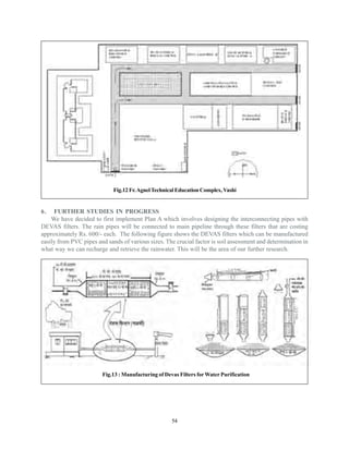 Fig.12 Fr. Agnel Technical Education Complex, Vashi


6.   FURTHER STUDIES IN PROGRESS
    We have decided to first implement Plan A which involves designing the interconnecting pipes with
DEVAS filters. The rain pipes will be connected to main pipeline through these filters that are costing
approximately Rs. 600/- each. The following figure shows the DEVAS filters which can be manufactured
easily from PVC pipes and sands of various sizes. The crucial factor is soil assessment and determination in
what way we can recharge and retrieve the rainwater. This will be the area of our further research.




                        Fig.13 : Manufacturing of Devas Filters for Water Purification




                                                     54
 