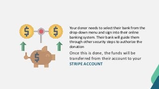 Your donor needs to select their bank from the
drop-down menu and sign into their online
banking system. Their bank will guide them
through other security steps to authorize the
donation
Once this is done, the funds will be
transferred from their account to your
STRIPE ACCOUNT
 