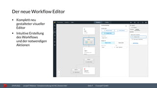 © acceptIT GmbH
▪ Komplett neu
gestalteter visueller
Editor
▪ Intuitive Erstellung
des Workflows
und der notwendigen
Aktio...