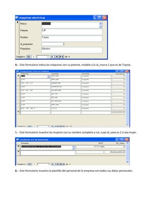 4.- Este formulario indica las máquinas con su patente, modelo y la id_marca 1 que es de Toyota.




5.- Este formulario muestra las mujeres con su nombre completo y rut, cuyo id_sexo es 2 o sea mujer.




6.- Este formulario muestra la plantilla del personal de la empresa con todos sus datos personales.
 