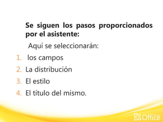 Se siguen los pasos proporcionados
por el asistente:
Aquí se seleccionarán:
1. los campos
2. La distribución
3. El estilo
4. El título del mismo.
 