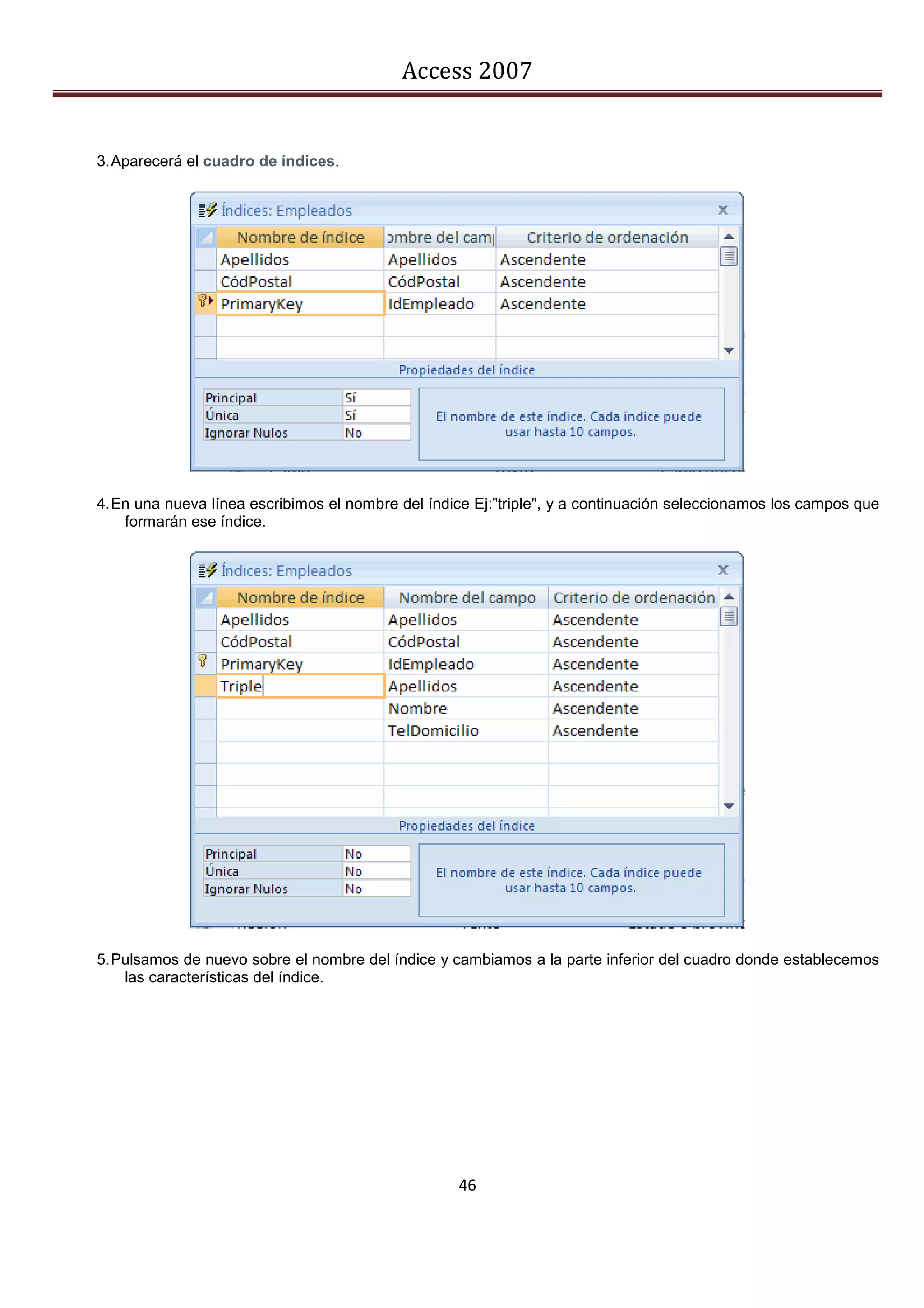 Access 2007


3. Aparecerá el cuadro de índices.




4. En una nueva línea escribimos el nombre del índice Ej:"triple", y a continuación seleccionamos los campos que
    formarán ese índice.




5. Pulsamos de nuevo sobre el nombre del índice y cambiamos a la parte inferior del cuadro donde establecemos
    las características del índice.




                                                   46
 