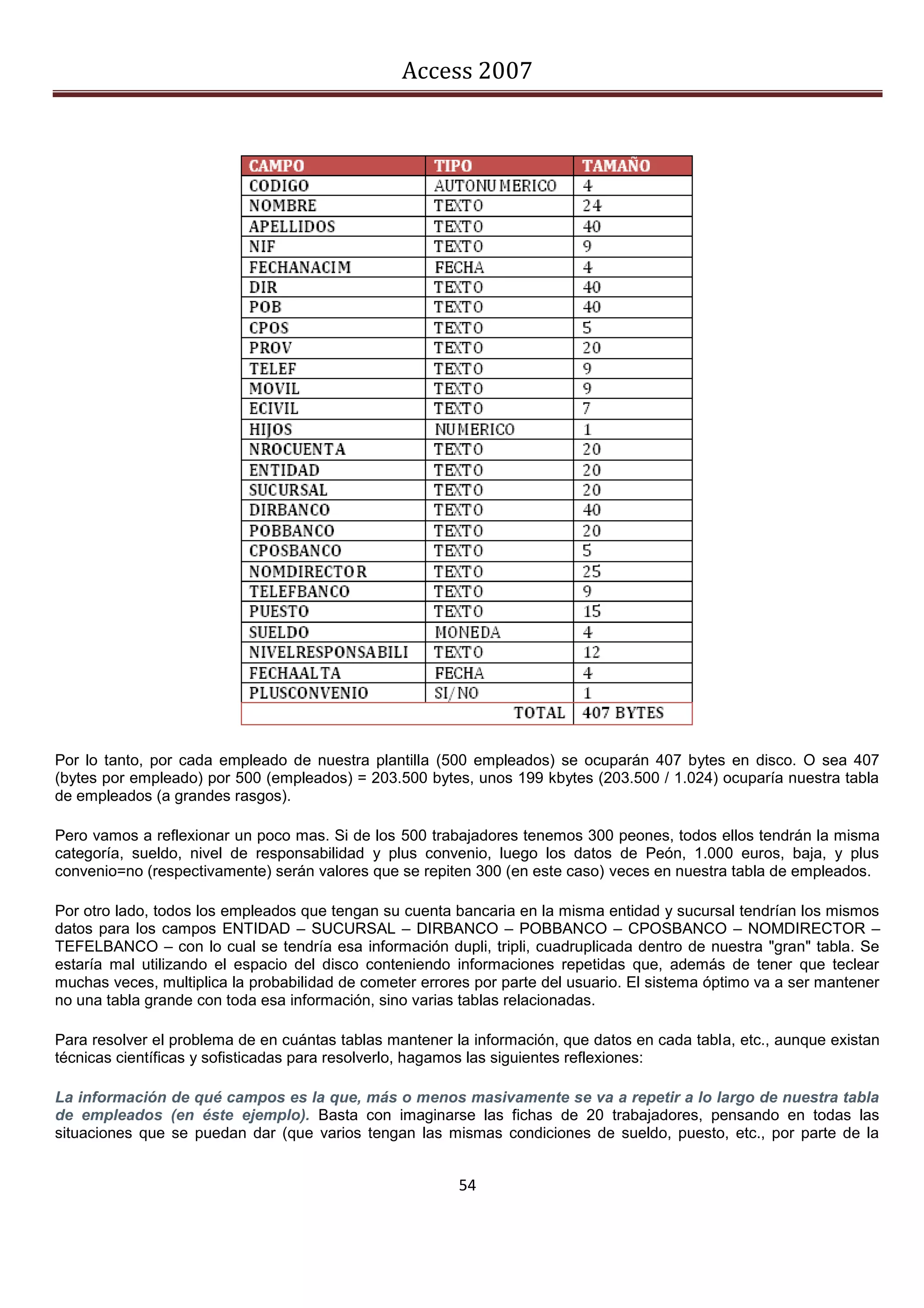 Access 2007




Por lo tanto, por cada empleado de nuestra plantilla (500 empleados) se ocuparán 407 bytes en disco. O sea 407
(bytes por empleado) por 500 (empleados) = 203.500 bytes, unos 199 kbytes (203.500 / 1.024) ocuparía nuestra tabla
de empleados (a grandes rasgos).

Pero vamos a reflexionar un poco mas. Si de los 500 trabajadores tenemos 300 peones, todos ellos tendrán la misma
categoría, sueldo, nivel de responsabilidad y plus convenio, luego los datos de Peón, 1.000 euros, baja, y plus
convenio=no (respectivamente) serán valores que se repiten 300 (en este caso) veces en nuestra tabla de empleados.

Por otro lado, todos los empleados que tengan su cuenta bancaria en la misma entidad y sucursal tendrían los mismos
datos para los campos ENTIDAD – SUCURSAL – DIRBANCO – POBBANCO – CPOSBANCO – NOMDIRECTOR –
TEFELBANCO – con lo cual se tendría esa información dupli, tripli, cuadruplicada dentro de nuestra "gran" tabla. Se
estaría mal utilizando el espacio del disco conteniendo informaciones repetidas que, además de tener que teclear
muchas veces, multiplica la probabilidad de cometer errores por parte del usuario. El sistema óptimo va a ser mantener
no una tabla grande con toda esa información, sino varias tablas relacionadas.

Para resolver el problema de en cuántas tablas mantener la información, que datos en cada tabla, etc., aunque existan
técnicas científicas y sofisticadas para resolverlo, hagamos las siguientes reflexiones:

La información de qué campos es la que, más o menos masivamente se va a repetir a lo largo de nuestra tabla
de empleados (en éste ejemplo). Basta con imaginarse las fichas de 20 trabajadores, pensando en todas las
situaciones que se puedan dar (que varios tengan las mismas condiciones de sueldo, puesto, etc., por parte de la


                                                         54
 