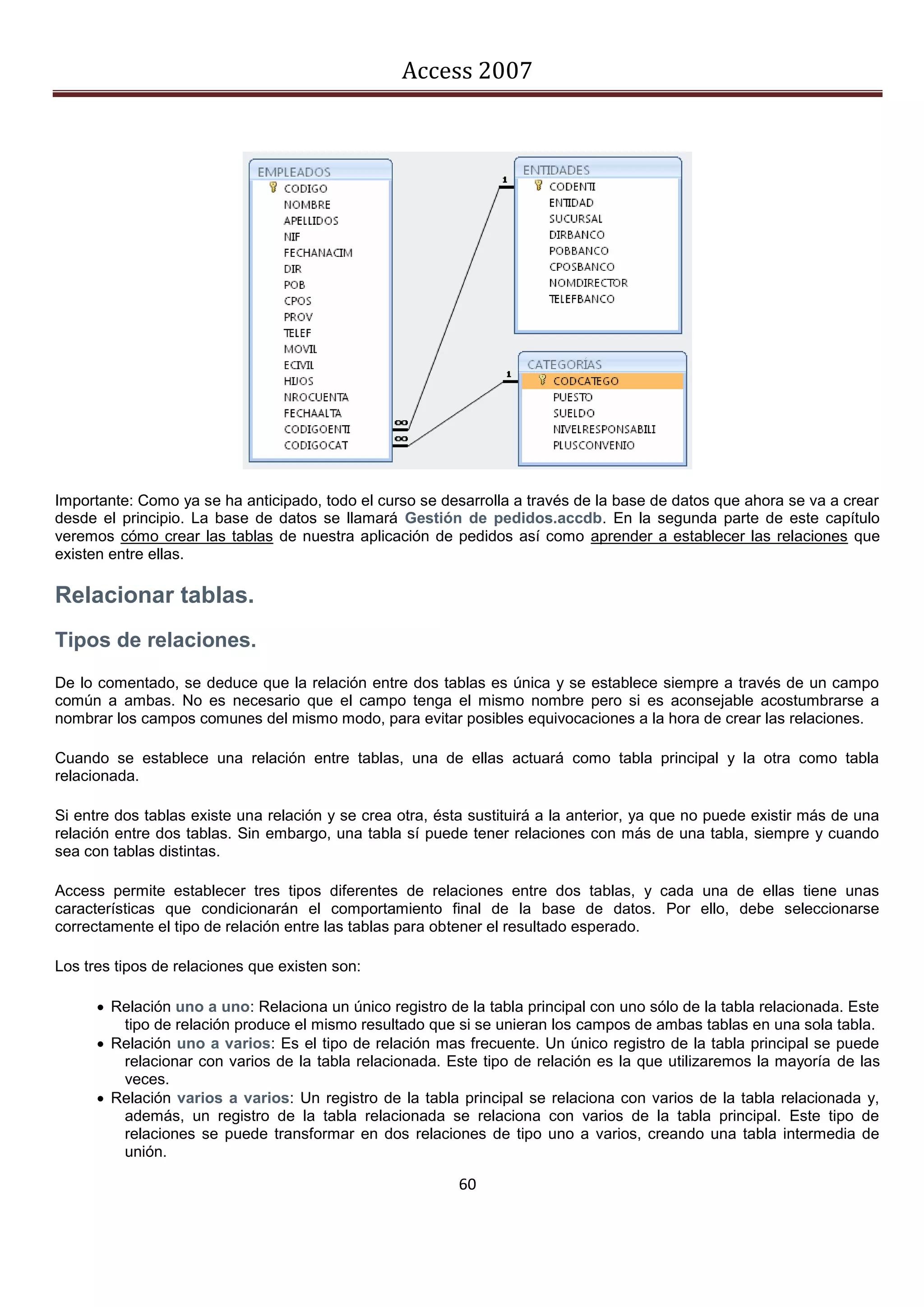 Access 2007




Importante: Como ya se ha anticipado, todo el curso se desarrolla a través de la base de datos que ahora se va a crear
desde el principio. La base de datos se llamará Gestión de pedidos.accdb. En la segunda parte de este capítulo
veremos cómo crear las tablas de nuestra aplicación de pedidos así como aprender a establecer las relaciones que
existen entre ellas.

Relacionar tablas.
Tipos de relaciones.
De lo comentado, se deduce que la relación entre dos tablas es única y se establece siempre a través de un campo
común a ambas. No es necesario que el campo tenga el mismo nombre pero si es aconsejable acostumbrarse a
nombrar los campos comunes del mismo modo, para evitar posibles equivocaciones a la hora de crear las relaciones.

Cuando se establece una relación entre tablas, una de ellas actuará como tabla principal y la otra como tabla
relacionada.

Si entre dos tablas existe una relación y se crea otra, ésta sustituirá a la anterior, ya que no puede existir más de una
relación entre dos tablas. Sin embargo, una tabla sí puede tener relaciones con más de una tabla, siempre y cuando
sea con tablas distintas.

Access permite establecer tres tipos diferentes de relaciones entre dos tablas, y cada una de ellas tiene unas
características que condicionarán el comportamiento final de la base de datos. Por ello, debe seleccionarse
correctamente el tipo de relación entre las tablas para obtener el resultado esperado.

Los tres tipos de relaciones que existen son:

       Relación uno a uno: Relaciona un único registro de la tabla principal con uno sólo de la tabla relacionada. Este
         tipo de relación produce el mismo resultado que si se unieran los campos de ambas tablas en una sola tabla.
       Relación uno a varios: Es el tipo de relación mas frecuente. Un único registro de la tabla principal se puede
         relacionar con varios de la tabla relacionada. Este tipo de relación es la que utilizaremos la mayoría de las
         veces.
       Relación varios a varios: Un registro de la tabla principal se relaciona con varios de la tabla relacionada y,
         además, un registro de la tabla relacionada se relaciona con varios de la tabla principal. Este tipo de
         relaciones se puede transformar en dos relaciones de tipo uno a varios, creando una tabla intermedia de
         unión.

                                                           60
 