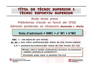 TÍTOL DE TÈCNIC SUPERIOR I
        TÈCNIC ESPORTIU SUPERIOR
               Accés sense prova
     Preferències d’accés en funció del CFGS
Admissió ponderada en titulacions demanda > oferta

        Nota d’admissió = NMC + a* M1 + b*M2
 NMC = nota mitjana del cicle formatiu
M1, M2 = dues millors qualificacions dels mòduls del cicle d’accés preferent
   a, b = paràmetres de ponderació dels mòduls del cicle formatiu (0,1 - 0,2)

            Ministeri adscriu famílies professionals a branques de coneixement
            i estableix paràmetre de ponderació 0,1.
             Universitats poden elevar el paràmetre fins a 0,2.
 