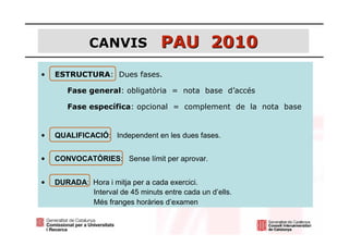 CANVIS               PAU 2010
•   ESTRUCTURA: Dues fases.

       Fase general: obligatòria = nota base d’accés

       Fase específica: opcional = complement de la nota base


•   QUALIFICACIÓ: Independent en les dues fases.


•   CONVOCATÒRIES: Sense límit per aprovar.


•   DURADA: Hora i mitja per a cada exercici.
            Interval de 45 minuts entre cada un d’ells.
            Més franges horàries d’examen
 
