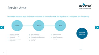 Service Area
Our flexible processes allow us to adapt our services to our client’s needs and objectives in a transparent and scalable way.
6
• Functional consulting
• Technical consulting
• Architecture
• Cloud-based architecture
• Kony roll-out
• Web development
• Mobile app development
• Cloud application deployment
• Integration
• UI & UX
• Quality Assurance
• Ramp-up
• Product management
• Training
RUNPLAN BUILD
DELIVERY
PROCESS
www.accesa.eu
 