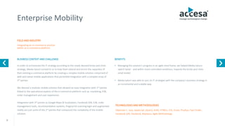 8
Enterprise Mobility
FIELD AND INDUSTRY
BUSINESS CONTEXT AND CHALLENGE
Integrating an m-commerce solution
within an e-commerce platform
Objective C, Java, JavaScript, jQuery, AJAX, HTML5, CSS, Grant, Prudsys, Fact Finder,
Facebook SDK, Passbook, Bitplaces, Agile Methodology
In order to orchestrate the IT strategy according to the newly devised bricks and clicks
strategy, Media Saturn turned to us to help them extend and enrich the capacities of
their existing e-commerce platform by creating a complex mobile solution comprised of
web and native mobile applications that permitted integration with a complex array of
3rd parties.
We devised a modular mobile solution that allowed an easy integration with 3rd parties
linked to the operational aspects of the e-commerce platform such as: marketing, ESB,
order management and user experience.
Integration with 3rd parties as Google Maps & localization, Facebook SDK, ESB, order
management tools, recommendation systems, fingerprint scanning login and augmented
reality are just some of the 3rd parties that compound the complexity of the mobile
solution.
TECHNOLOGIES AND METHODOLOGIES
BENEFITS
• Managing the solution’s progress in an agile mind frame, we helped Media Saturn
switch faster - and within more controlled conditions, towards the bricks and clicks
retail model.
• Media Saturn was able to sync its IT strategies with the company’s business strategy in
an incremental and scalable way.
www.accesa.eu
 