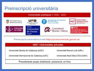 Preinscripció universitària
Universitat Oberta de Catalunya (UOC) Universitat Ramon Llull (URL)
Universitat Internacional de Catalunya (UIC) Universitat Abat Oliba CEU (UAO)
UOC + Universitats privades
Procediments propis d'admissió: presencial, en línia
Preinscripció universitària al web https://accesuniversitat.gencat.cat
 